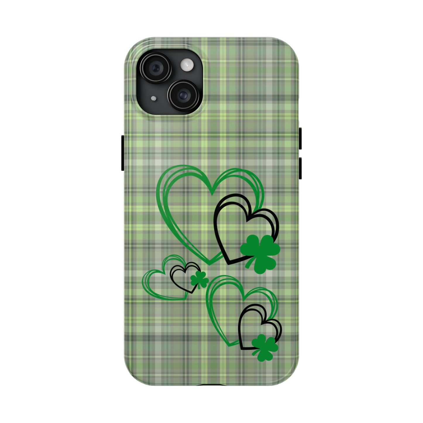 St. Patty's Phone Case- plaid hearts & shamrock- iPhone compatible