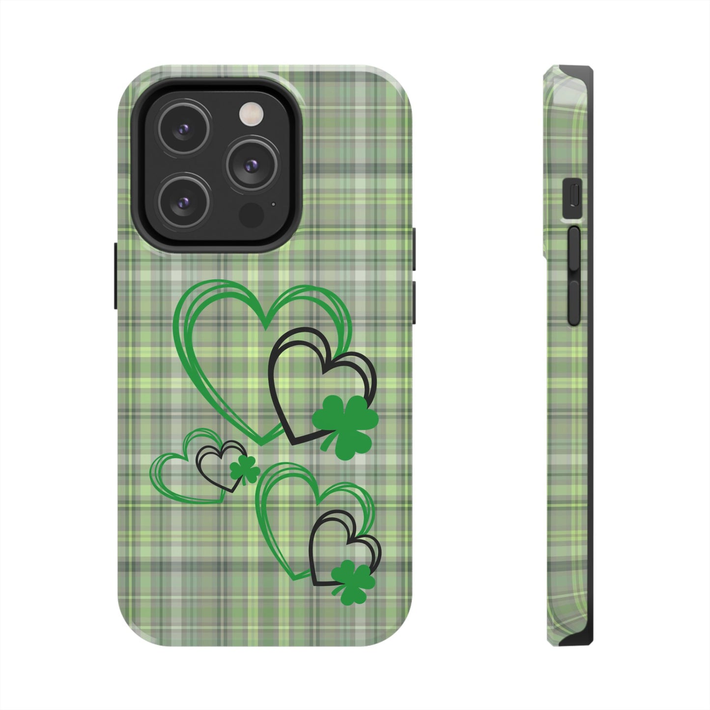 St. Patty's Phone Case- plaid hearts & shamrock- iPhone compatible
