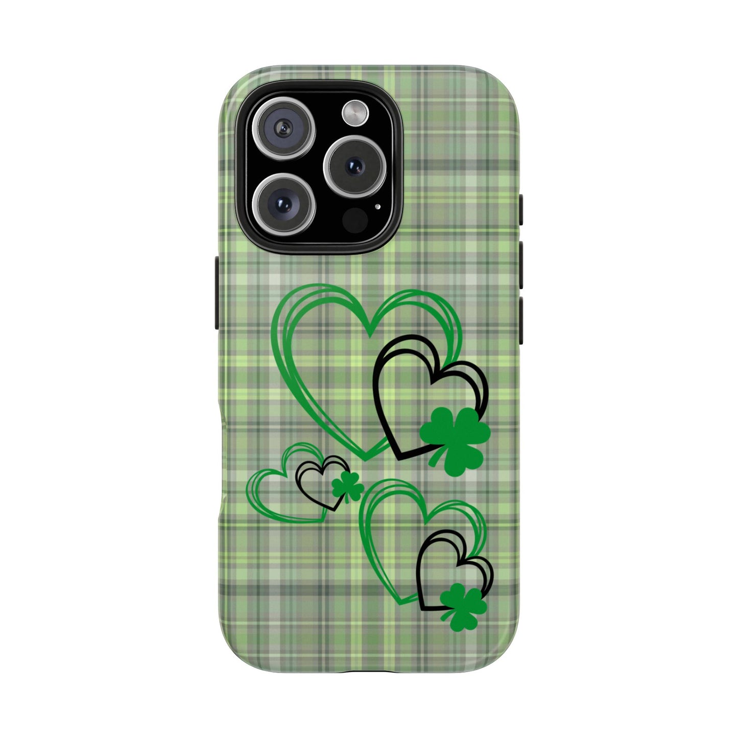 St. Patty's Phone Case- plaid hearts & shamrock- iPhone compatible