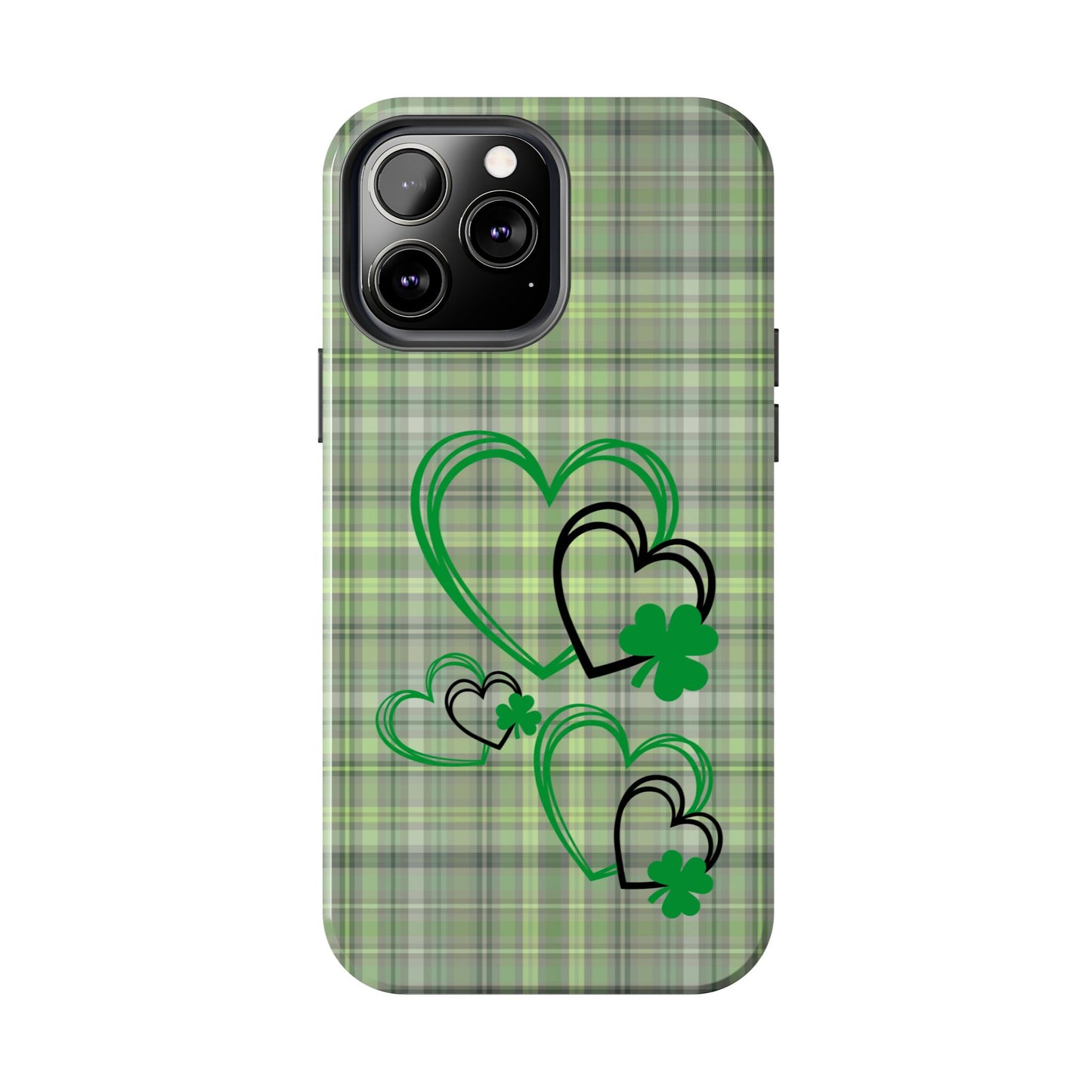 St. Patty's Phone Case- plaid hearts & shamrock- iPhone compatible