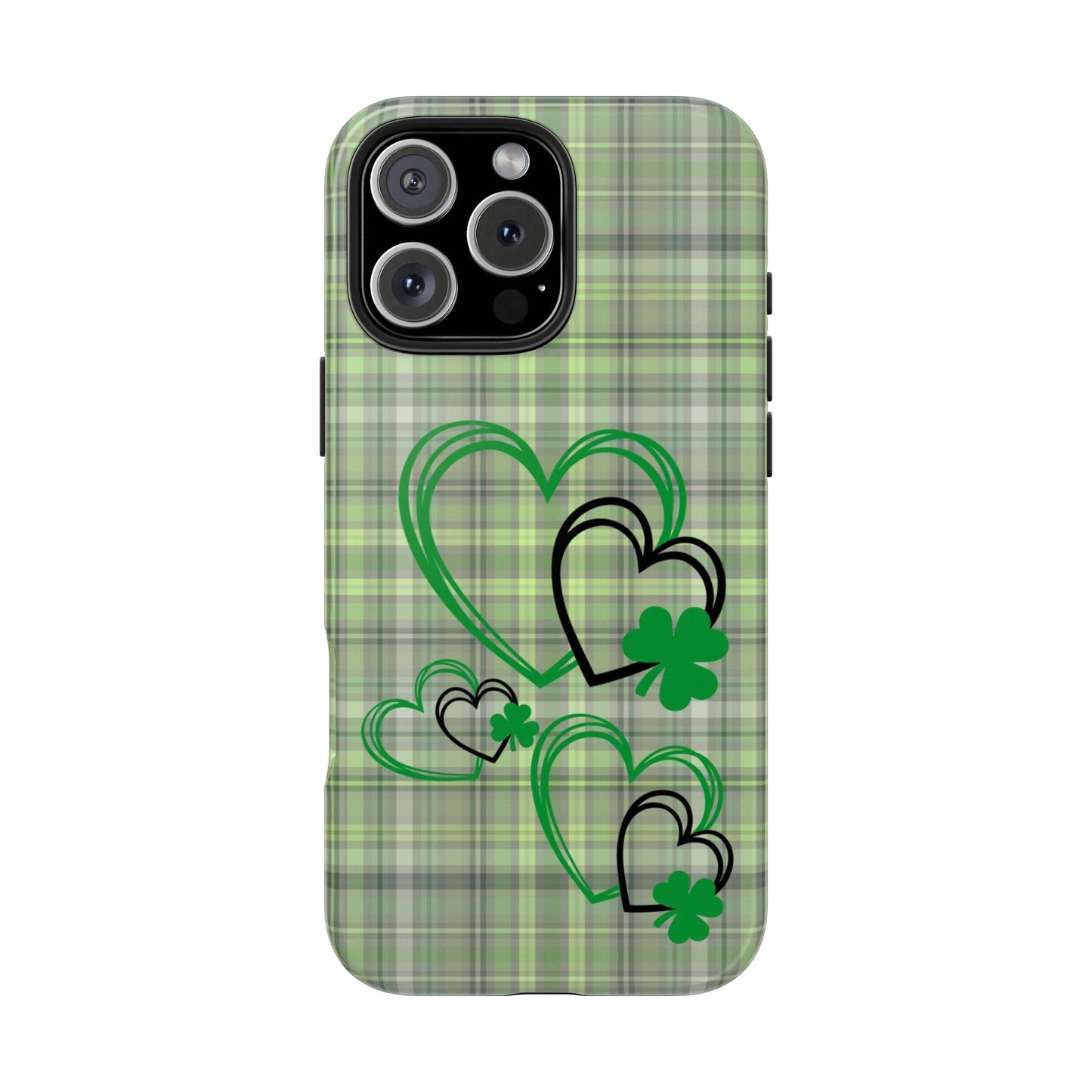 St. Patty's Phone Case- plaid hearts & shamrock- iPhone compatible