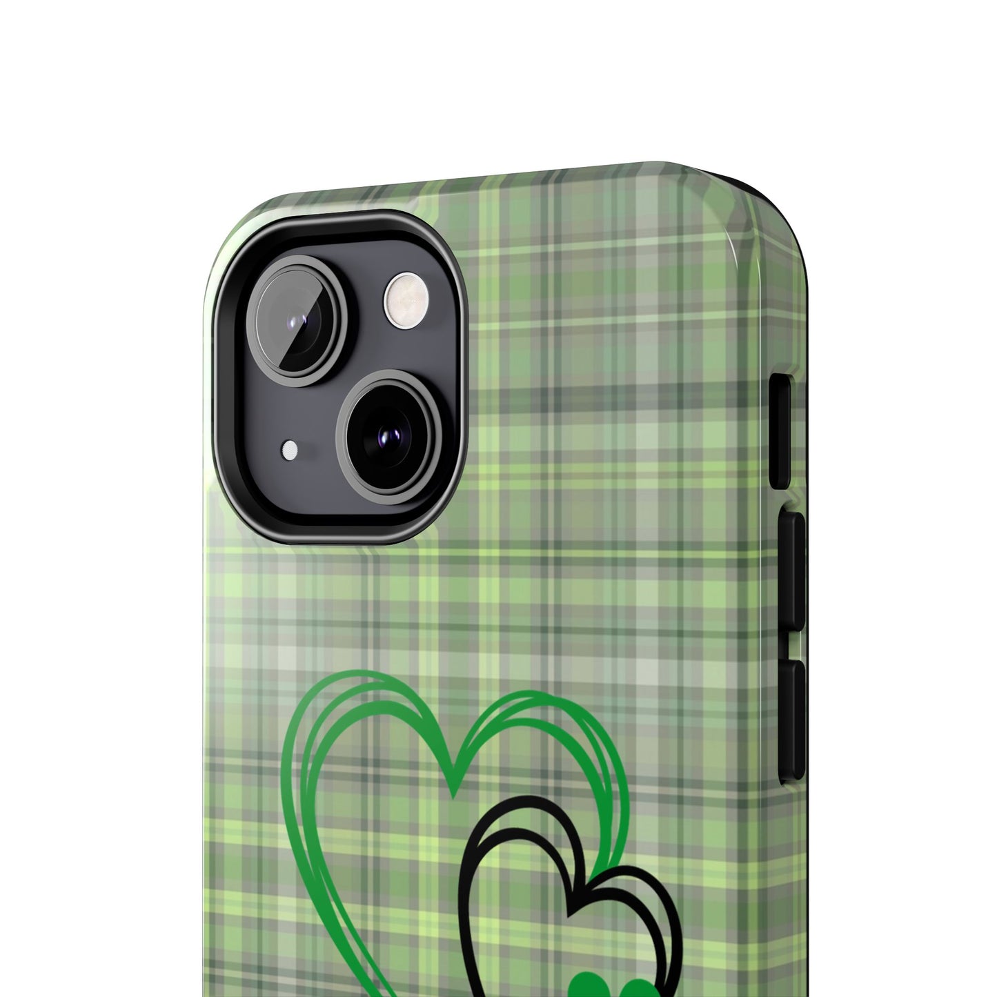 St. Patty's Phone Case- plaid hearts & shamrock- iPhone compatible