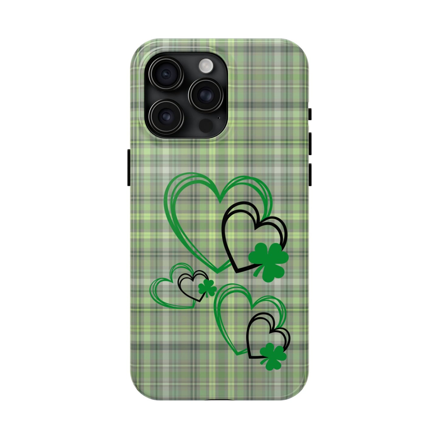 St. Patty's Phone Case- plaid hearts & shamrock- iPhone compatible