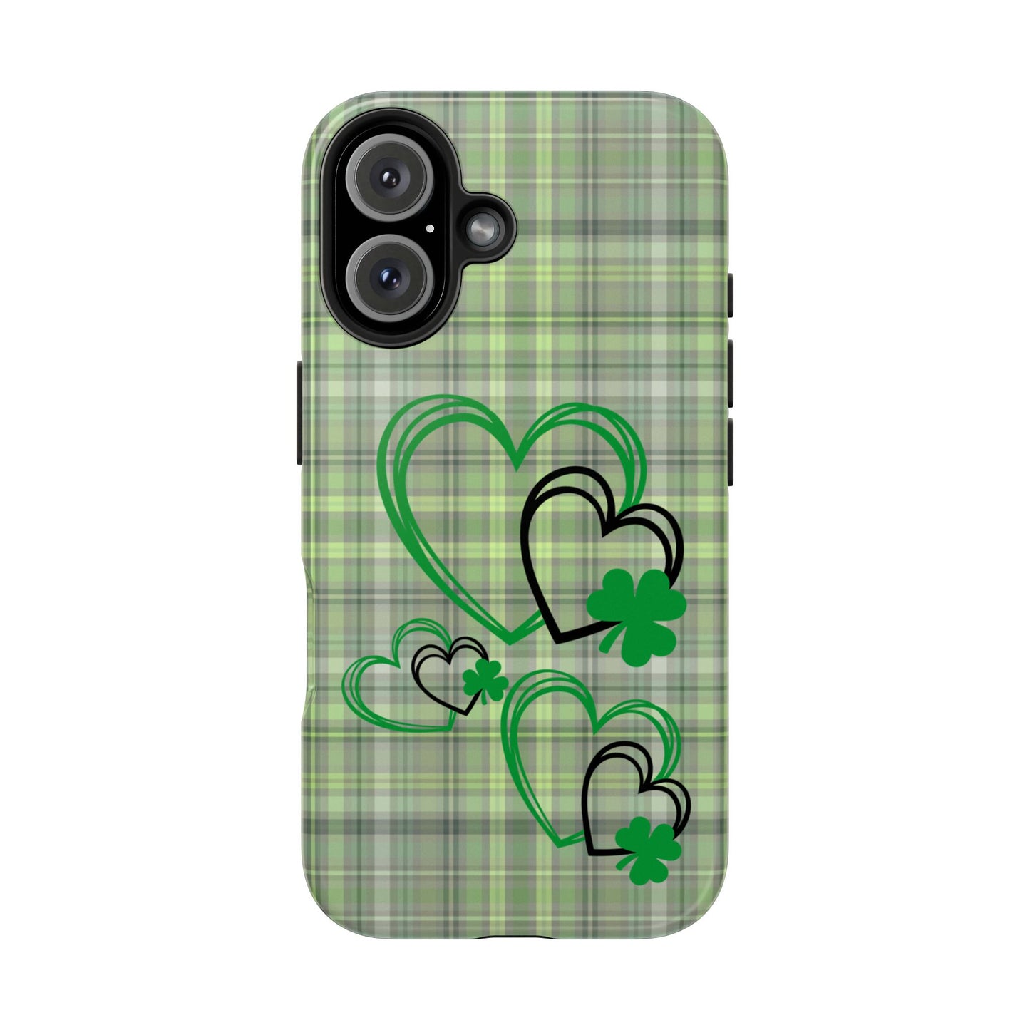 St. Patty's Phone Case- plaid hearts & shamrock- iPhone compatible
