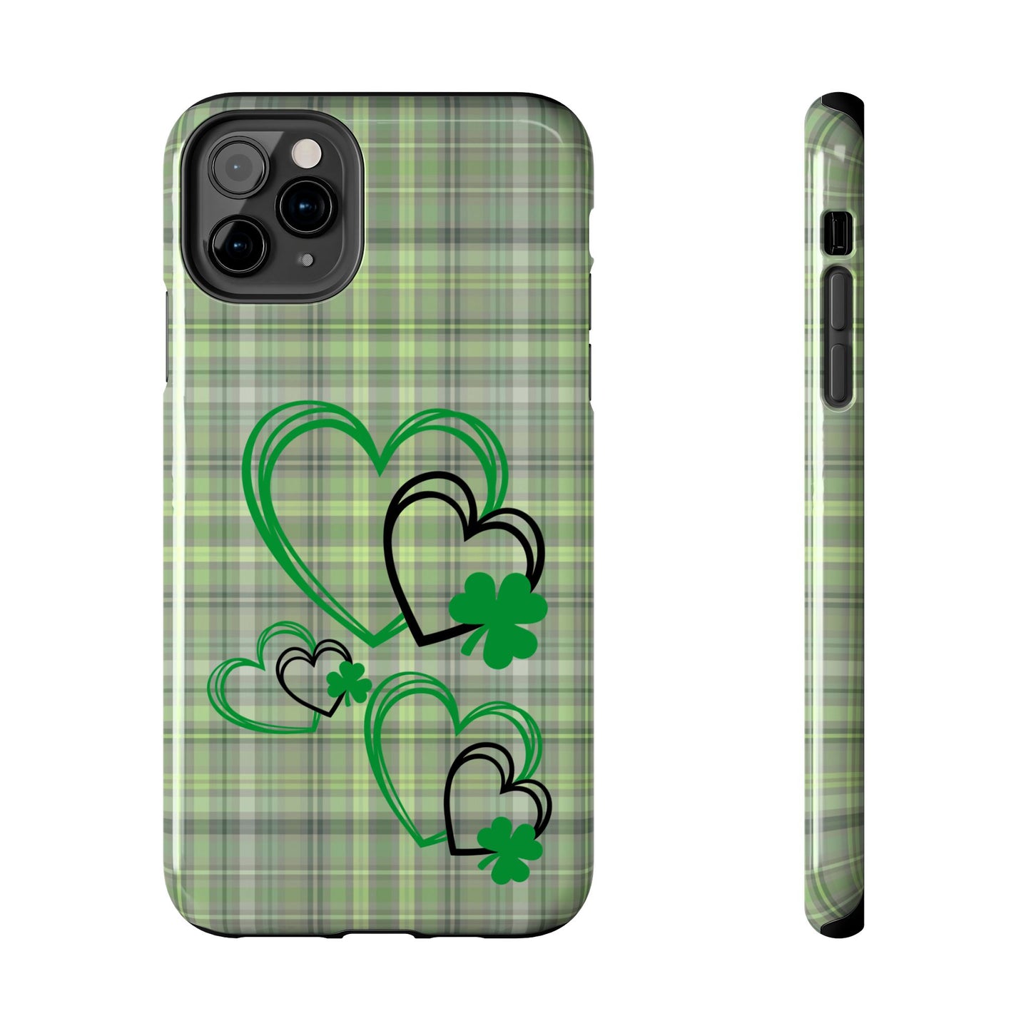 St. Patty's Phone Case- plaid hearts & shamrock- iPhone compatible