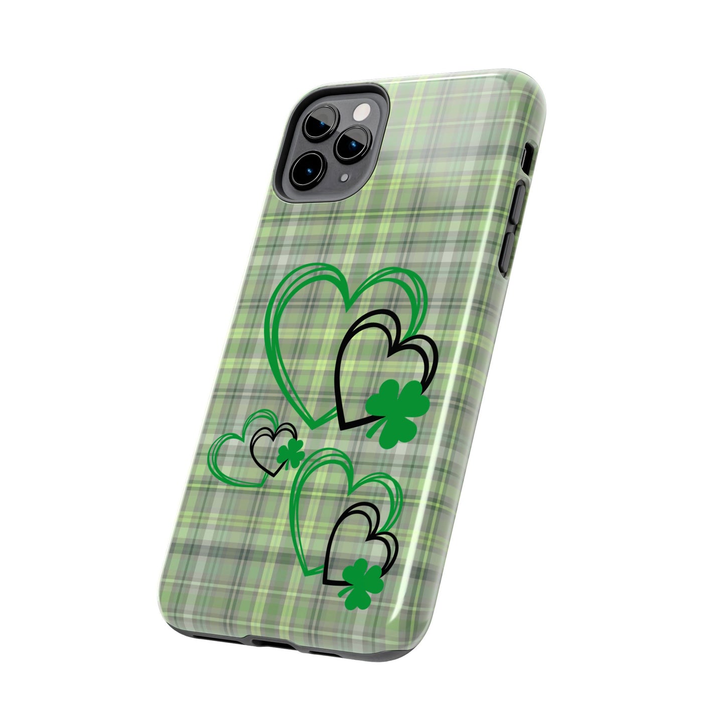 St. Patty's Phone Case- plaid hearts & shamrock- iPhone compatible