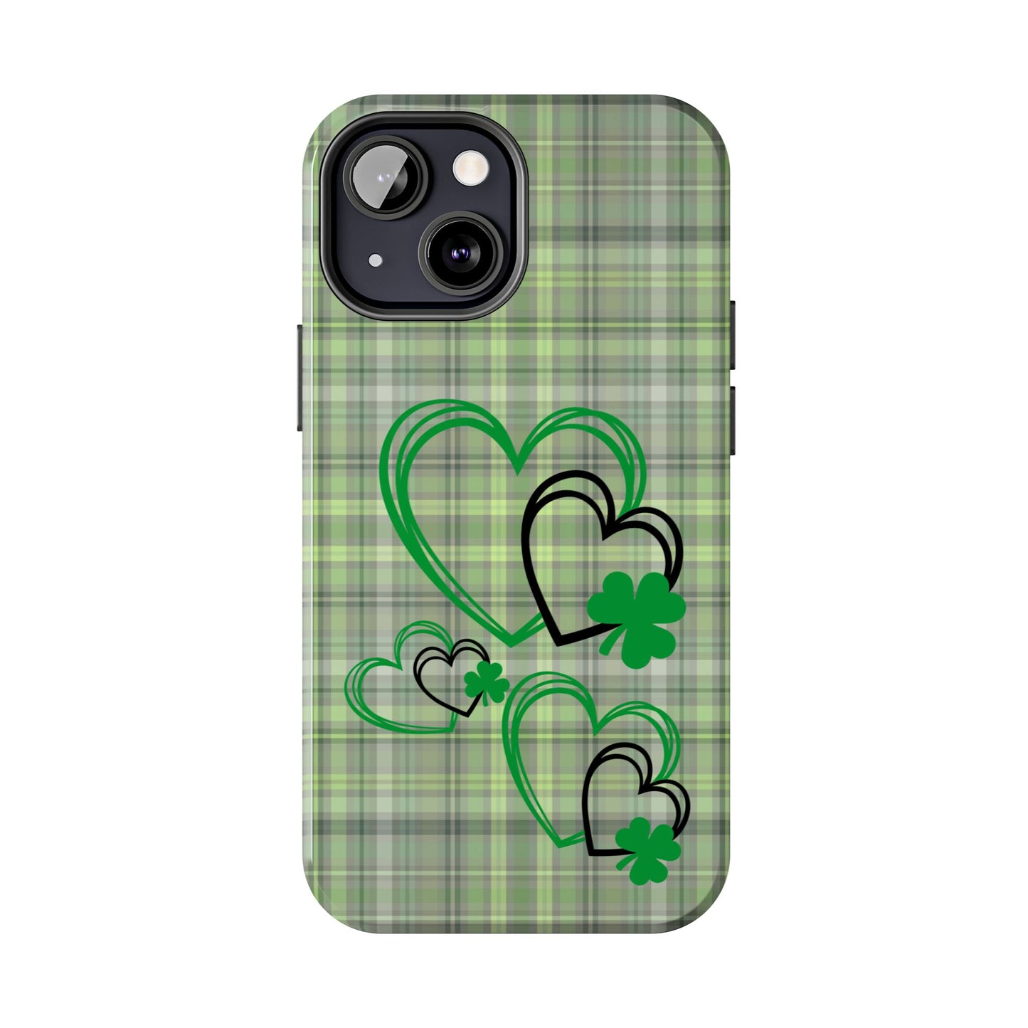 St. Patty's Phone Case- plaid hearts & shamrock- iPhone compatible