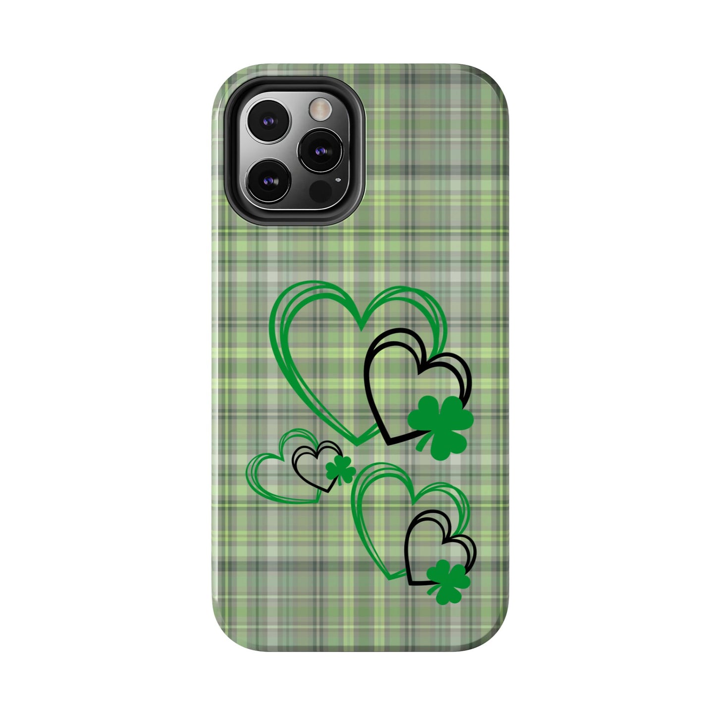 St. Patty's Phone Case- plaid hearts & shamrock- iPhone compatible