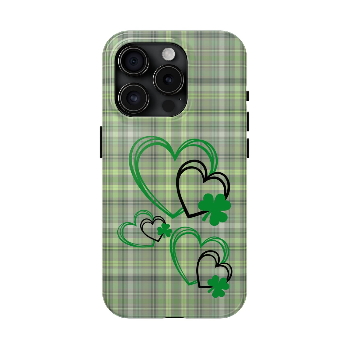 St. Patty's Phone Case- plaid hearts & shamrock- iPhone compatible
