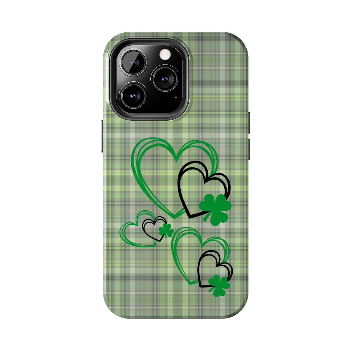 St. Patty's Phone Case- plaid hearts & shamrock- iPhone compatible