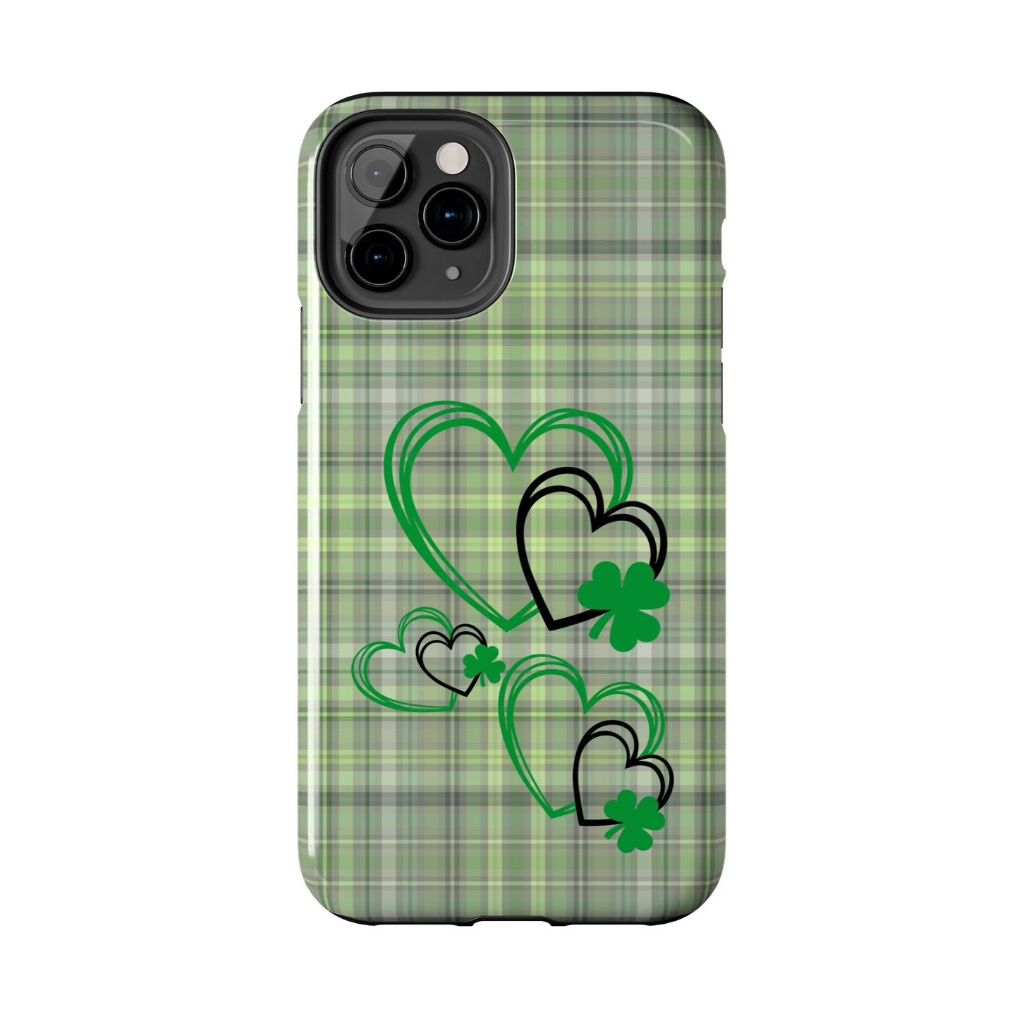 St. Patty's Phone Case- plaid hearts & shamrock- iPhone compatible