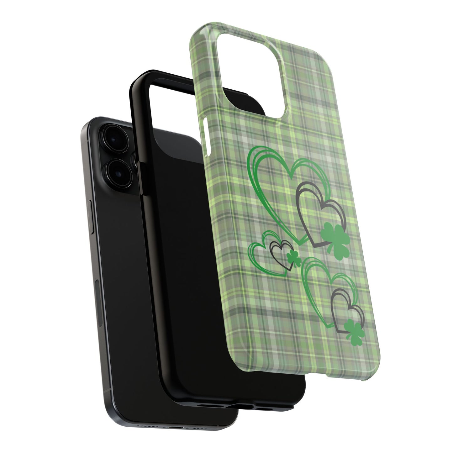 St. Patty's Phone Case- plaid hearts & shamrock- iPhone compatible