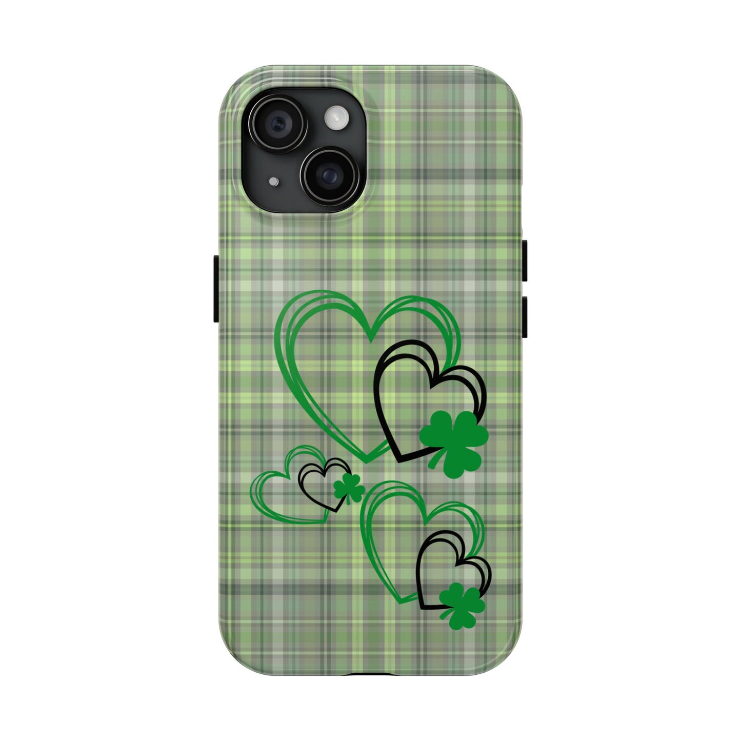 St. Patty's Phone Case- plaid hearts & shamrock- iPhone compatible