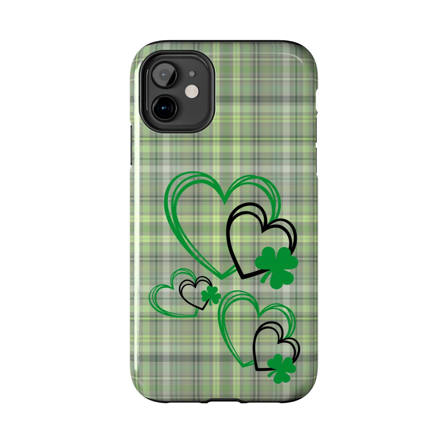 St. Patty's Phone Case- plaid hearts & shamrock- iPhone compatible