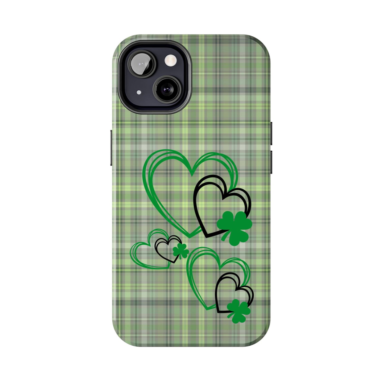 St. Patty's Phone Case- plaid hearts & shamrock- iPhone compatible