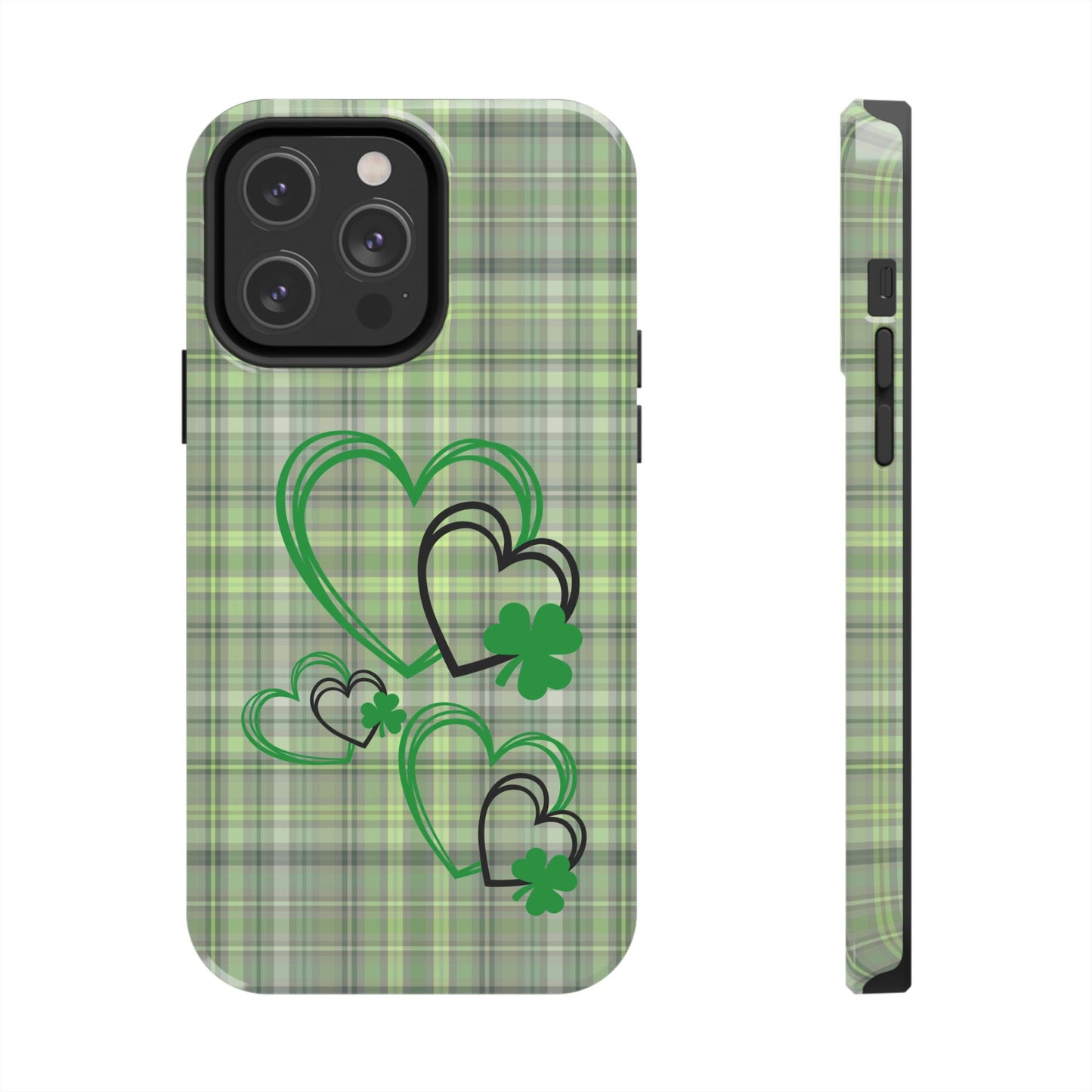 St. Patty's Phone Case- plaid hearts & shamrock- iPhone compatible