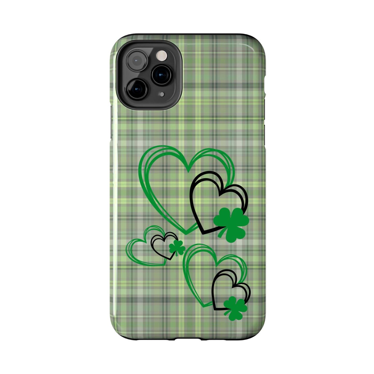 St. Patty's Phone Case- plaid hearts & shamrock- iPhone compatible