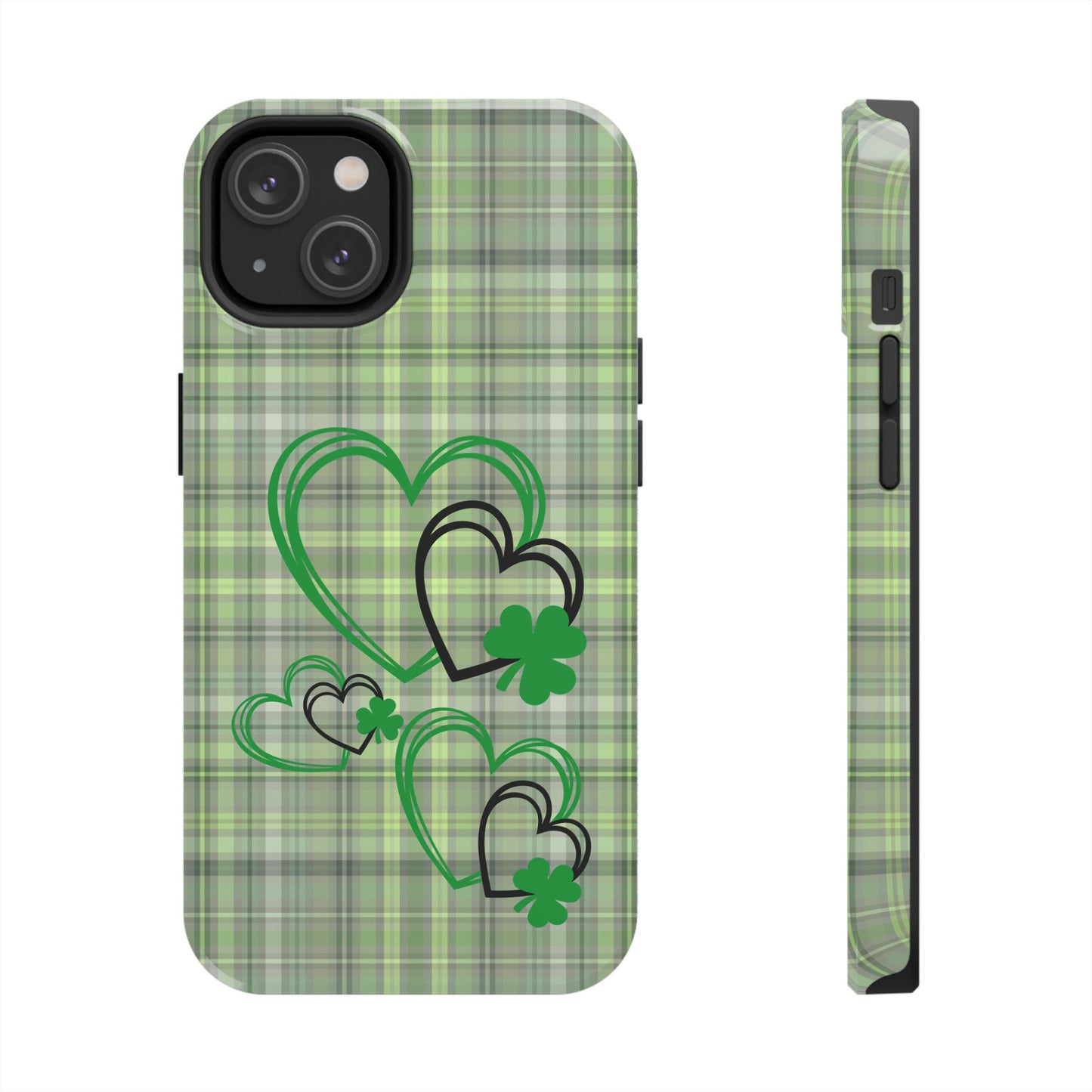 St. Patty's Phone Case- plaid hearts & shamrock- iPhone compatible