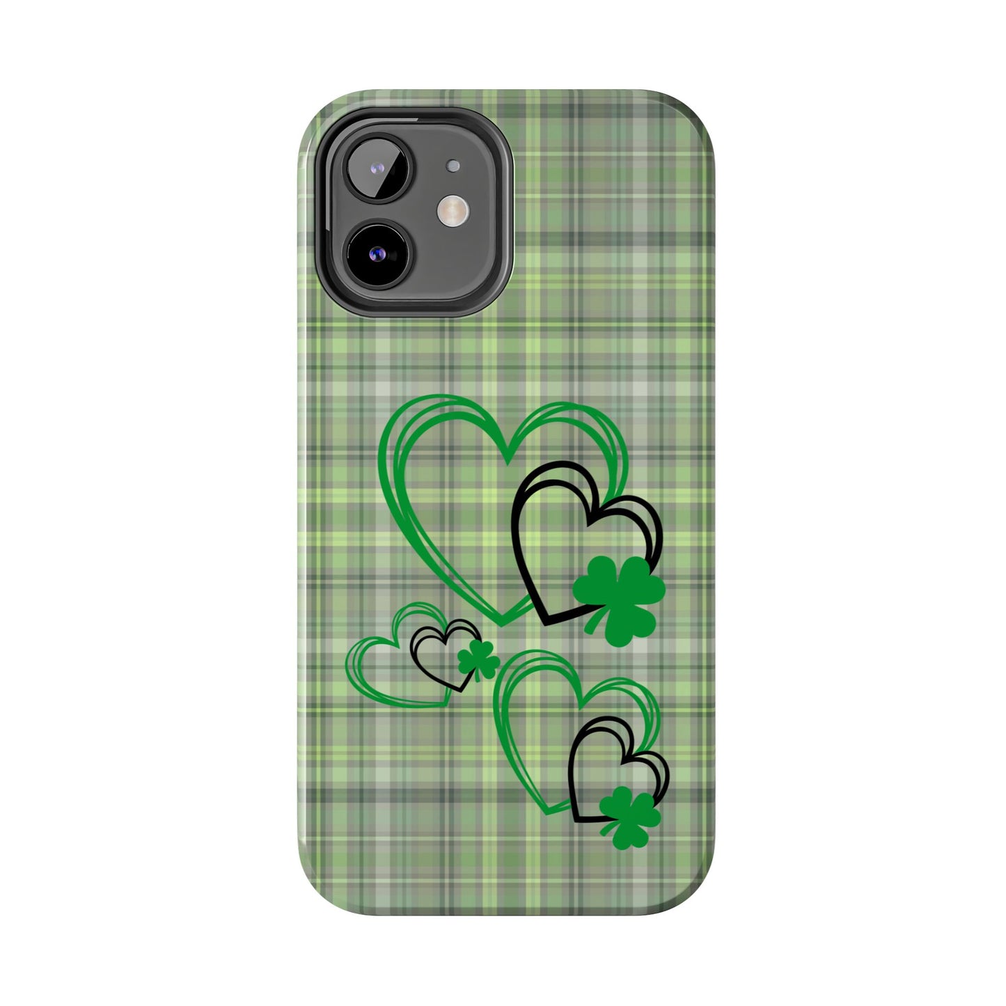 St. Patty's Phone Case- plaid hearts & shamrock- iPhone compatible