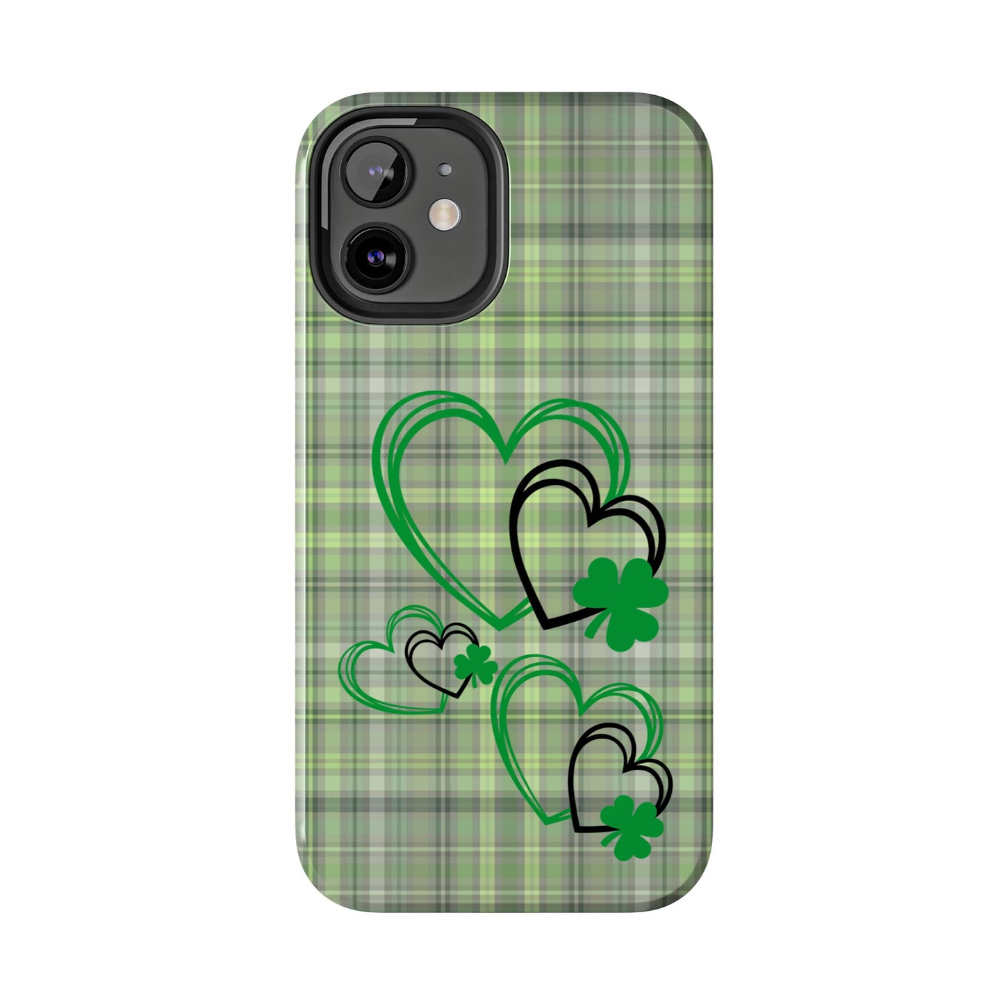 St. Patty's Phone Case- plaid hearts & shamrock- iPhone compatible