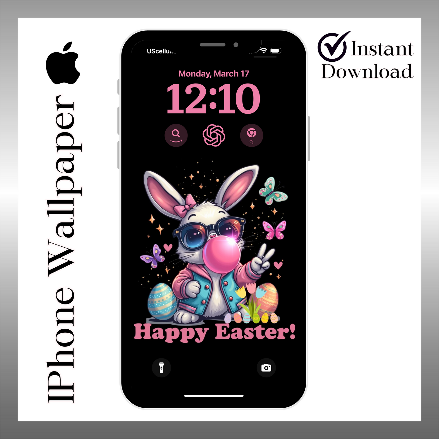 Bubble gum Easter Bunny wallpaper iPhone lock screen art digital download