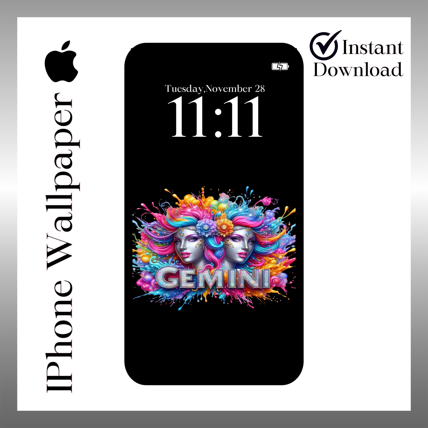 Rainbow Gemini phone wallpaper iPhone lock screen art digital download
