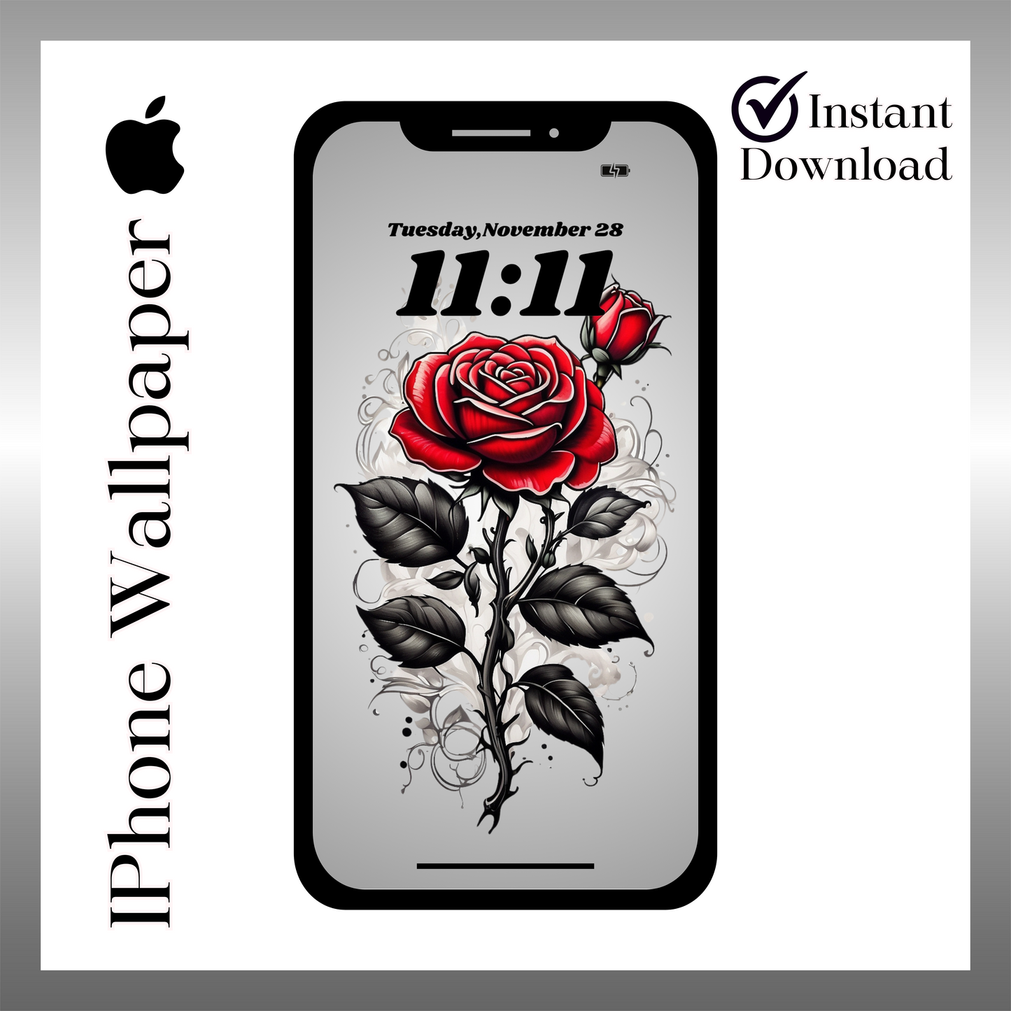 Tattoo style rose phone wallpaper iPhone lock screen art digital download