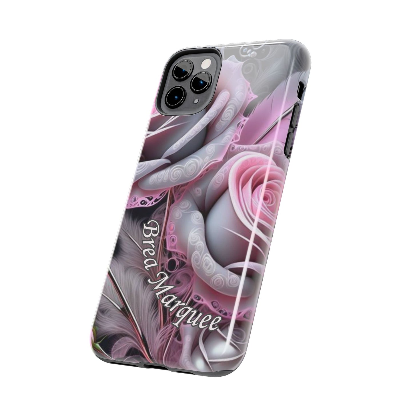 Custom pink & grey rose personalized iPhone case. Compatible with iPhone models 11, 12, 13, 14, 15 including all mini, plus, pro & pro max