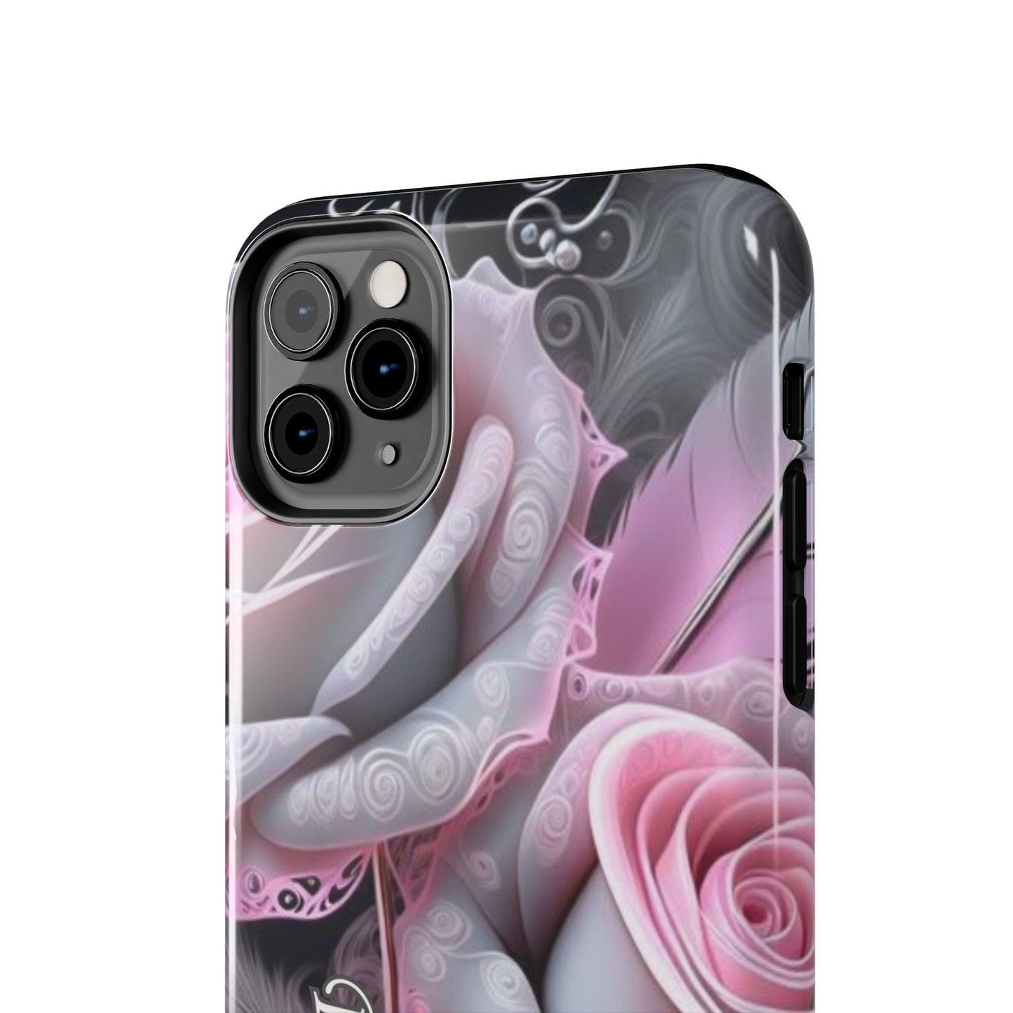 Custom pink & grey rose personalized iPhone case. Compatible with iPhone models 11, 12, 13, 14, 15 including all mini, plus, pro & pro max