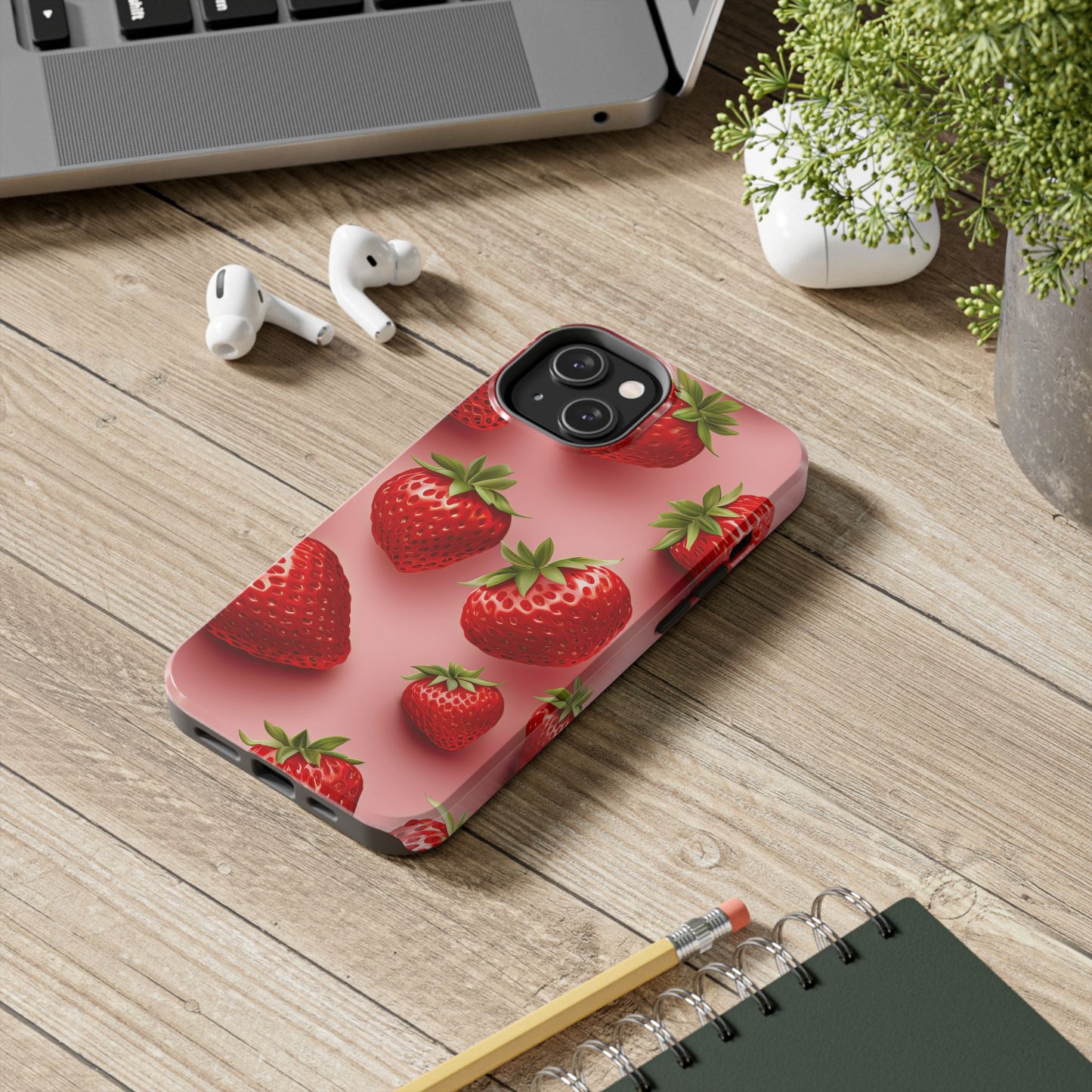 Strawberries & cream summer aesthetics iPhone case. Compatible with iPhone models 11-15 including all mini, plus, pro & pro max. Custom phone case for smartphones. design for Girls, Woman
