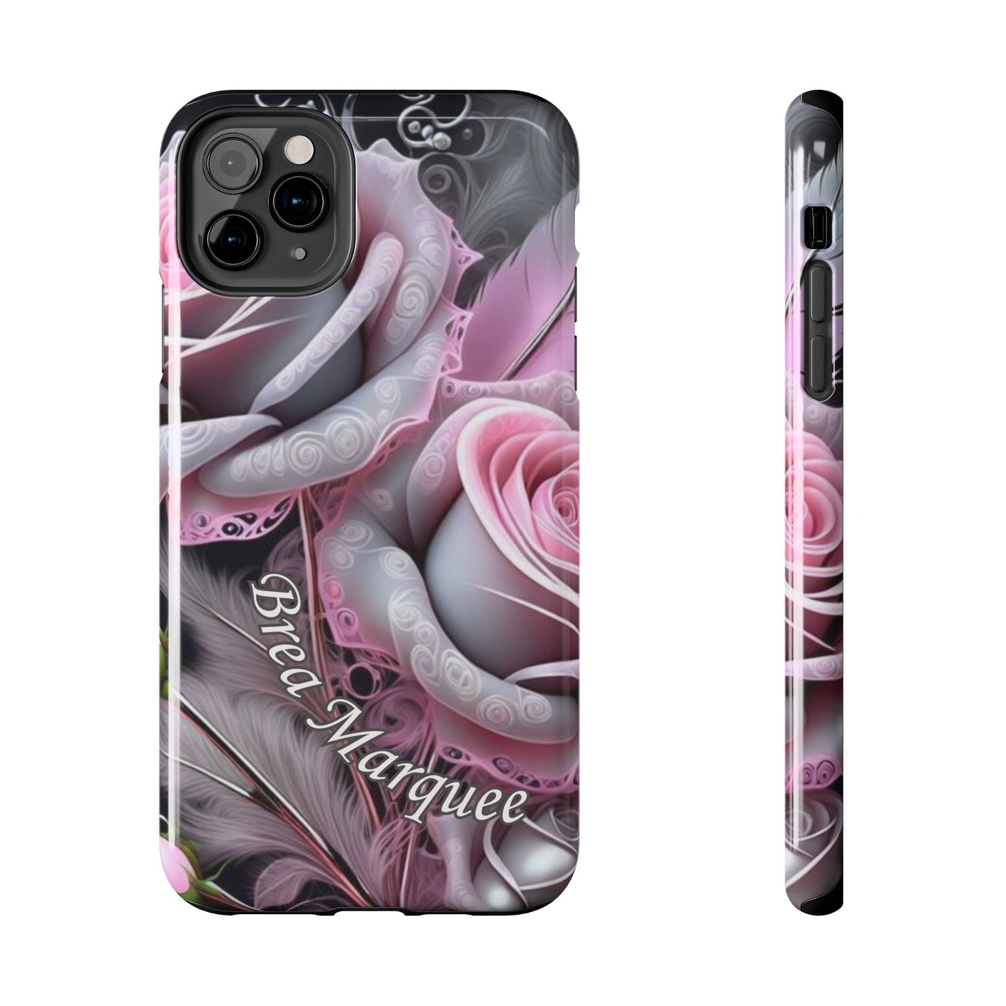 Custom pink & grey rose personalized iPhone case. Compatible with iPhone models 11, 12, 13, 14, 15 including all mini, plus, pro & pro max