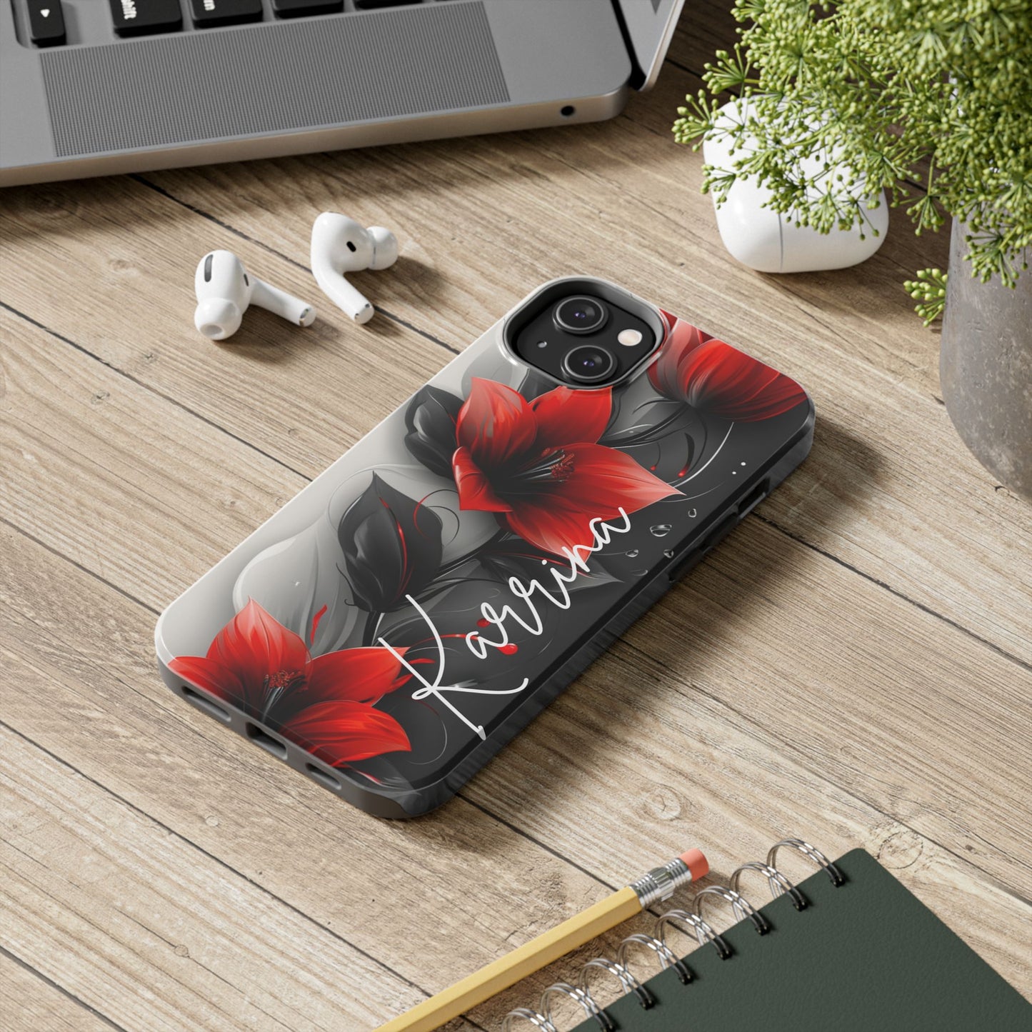 Beautiful red & black floral personalized name iPhone case. Compatible with iPhone models 11-15 including all mini, plus, pro & pro max. Custom phone case for smartphones. design for Girls, Woman
