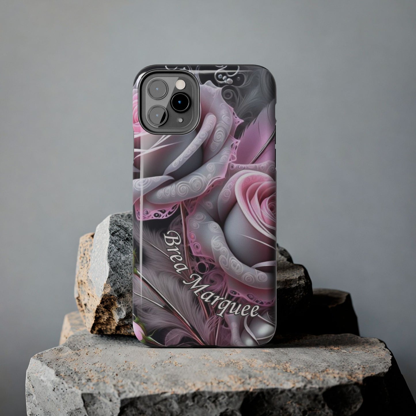 Custom pink & grey rose personalized iPhone case. Compatible with iPhone models 11, 12, 13, 14, 15 including all mini, plus, pro & pro max