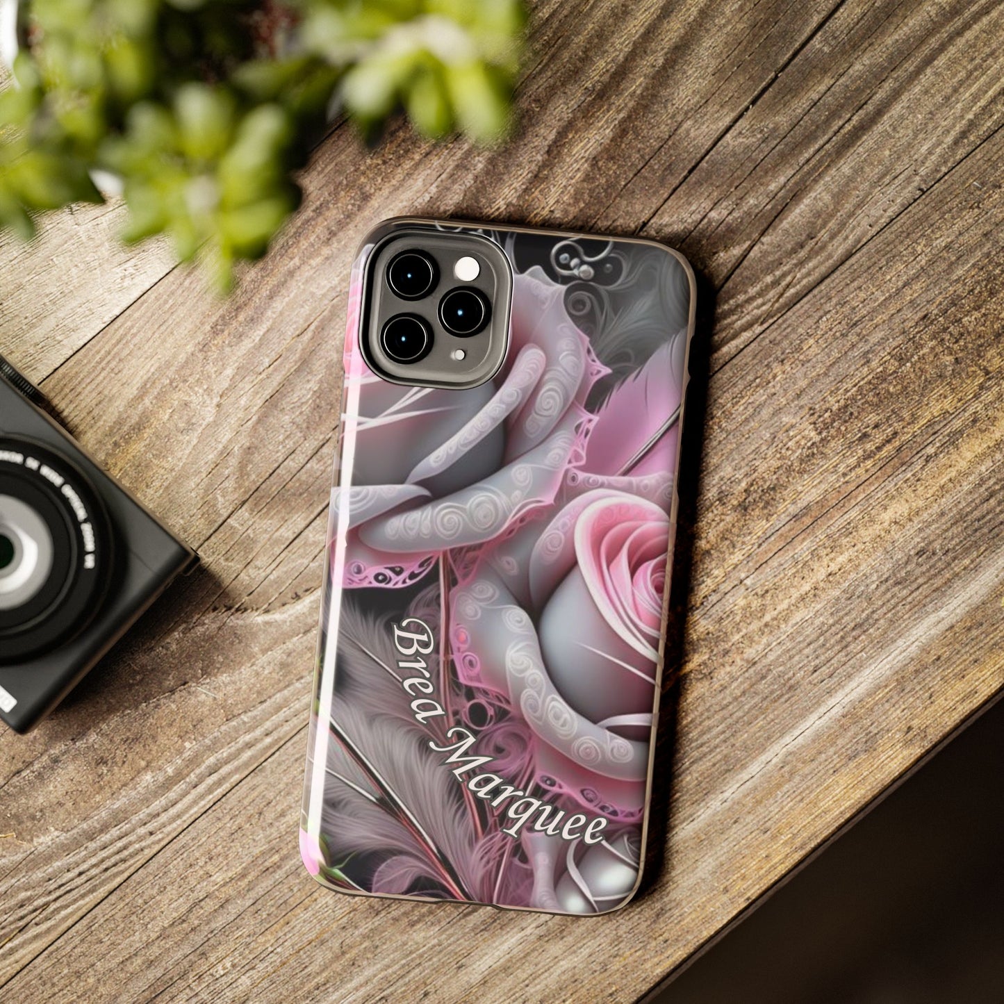 Custom pink & grey rose personalized iPhone case. Compatible with iPhone models 11, 12, 13, 14, 15 including all mini, plus, pro & pro max