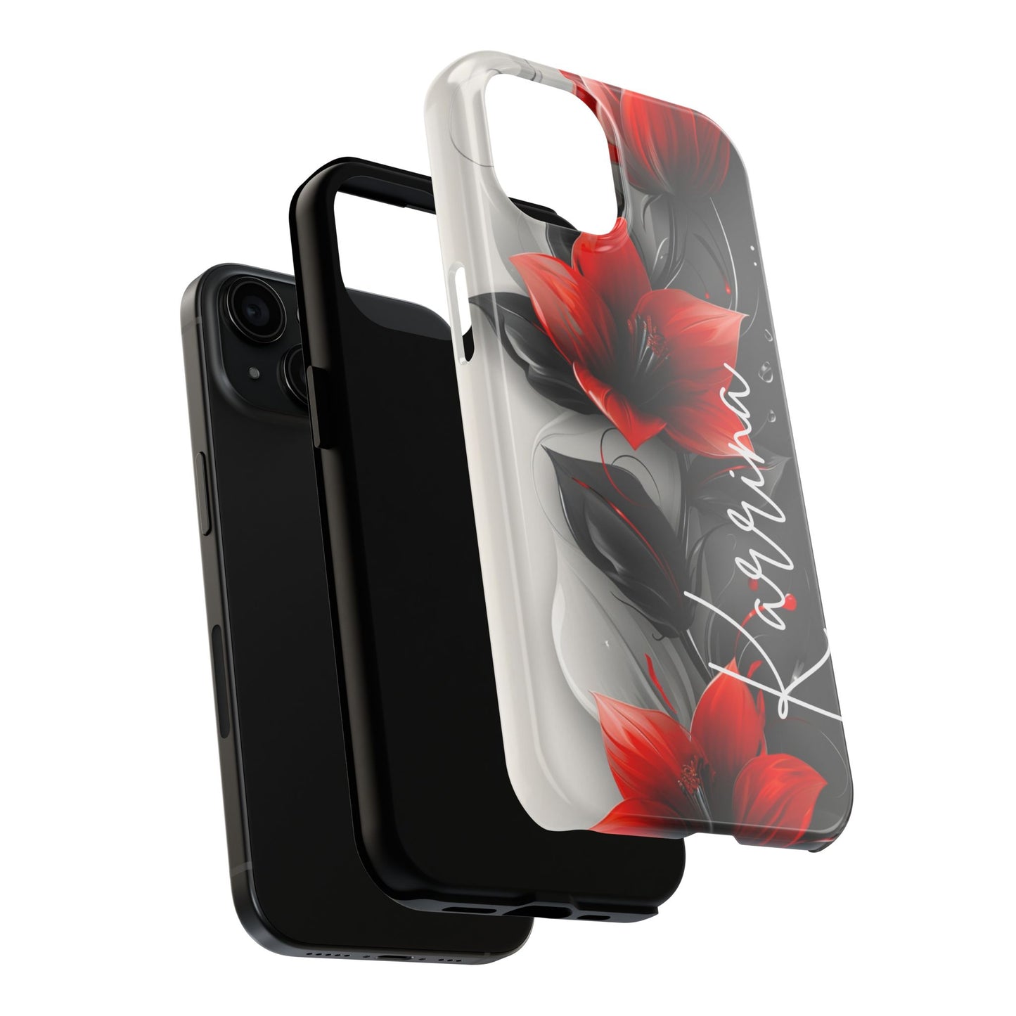 Beautiful red & black floral personalized name iPhone case. Compatible with iPhone models 11-15 including all mini, plus, pro & pro max. Custom phone case for smartphones. design for Girls, Woman