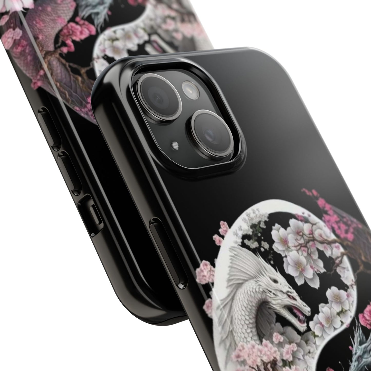 Floral dragons iPhone case. Compatible with iPhone models 11, 12, 13, 14, 15 including all mini, plus, pro & pro max