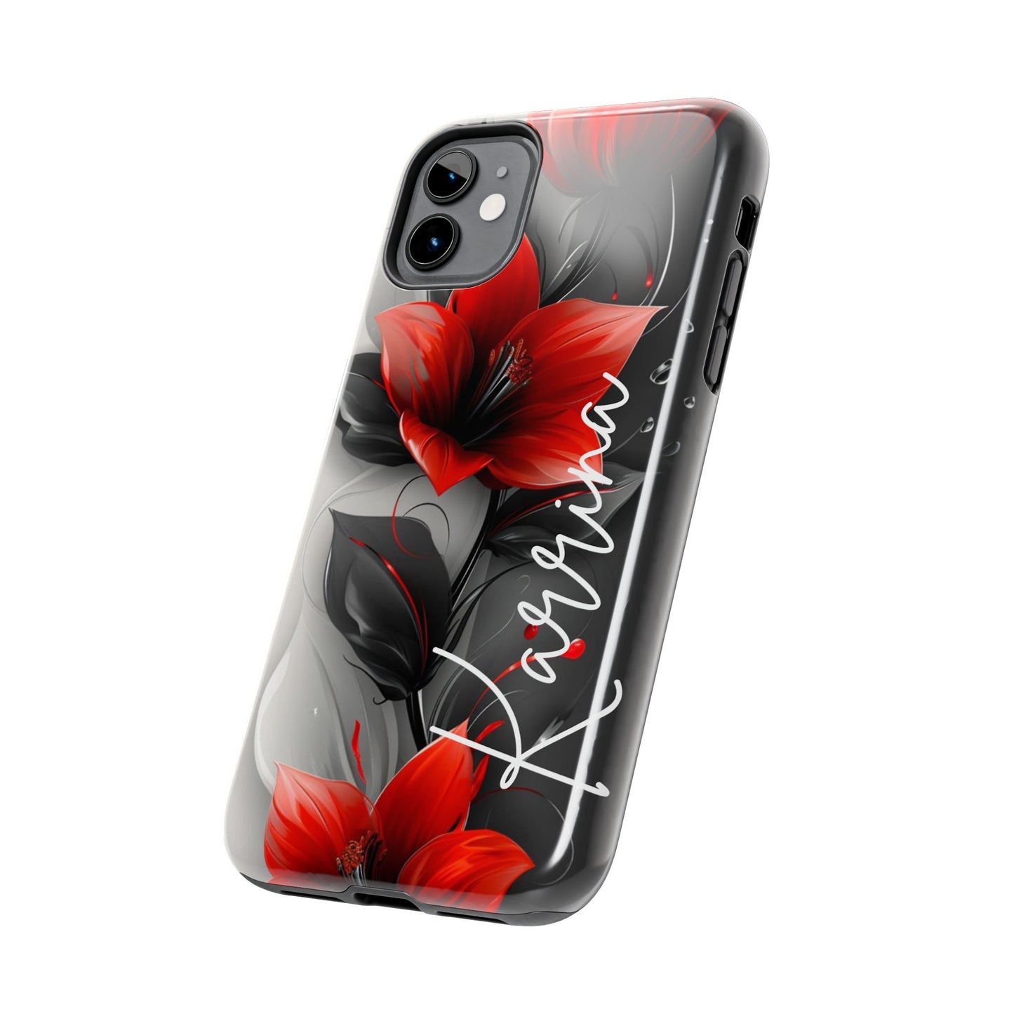 Beautiful red & black floral personalized name iPhone case. Compatible with iPhone models 11-15 including all mini, plus, pro & pro max. Custom phone case for smartphones. design for Girls, Woman