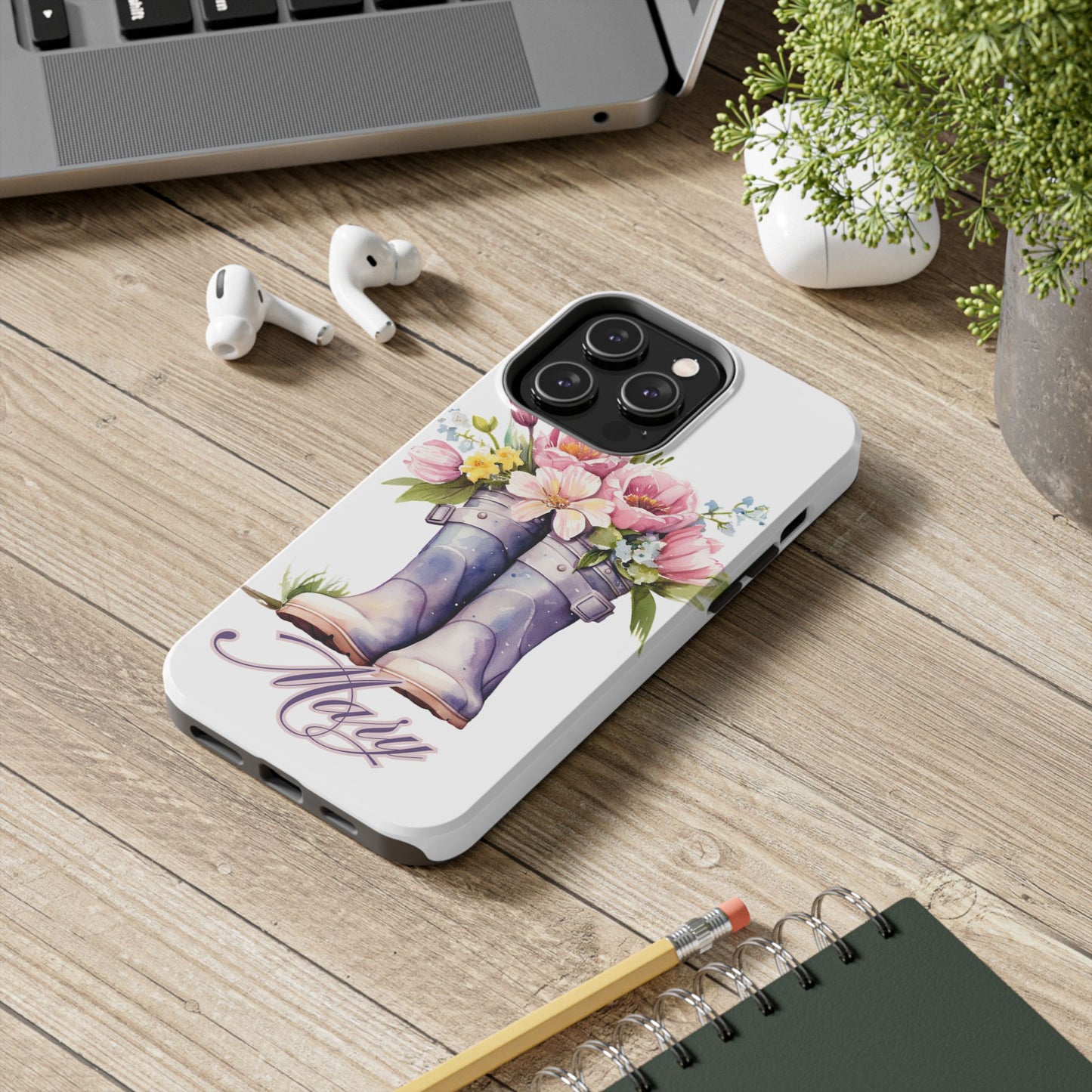 Custom purple rainboots & flowers Mother's day personalized iPhone Case