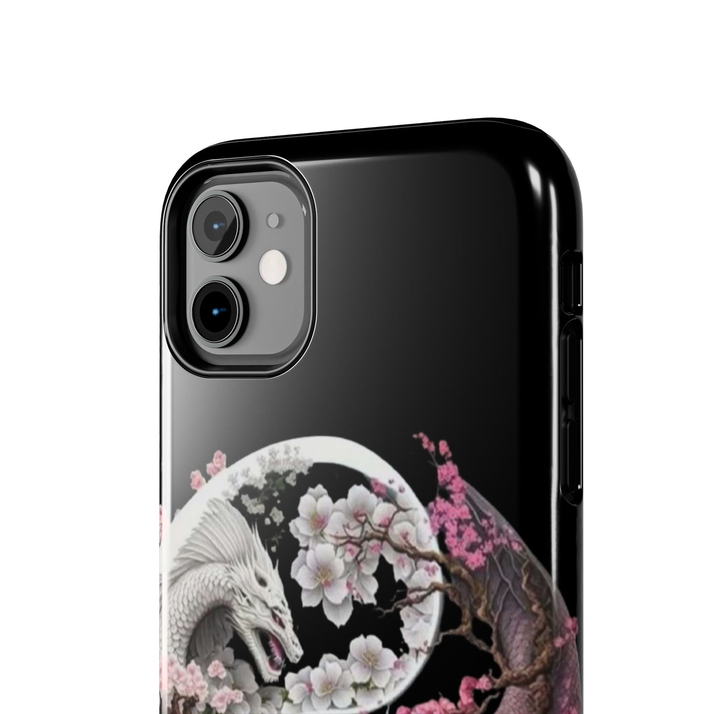 Floral dragons iPhone case. Compatible with iPhone models 11, 12, 13, 14, 15 including all mini, plus, pro & pro max